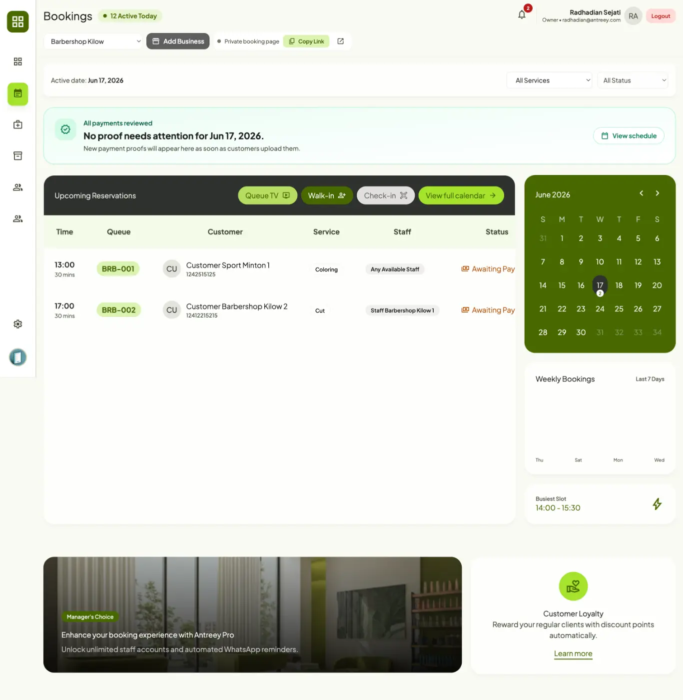 Bookings Page